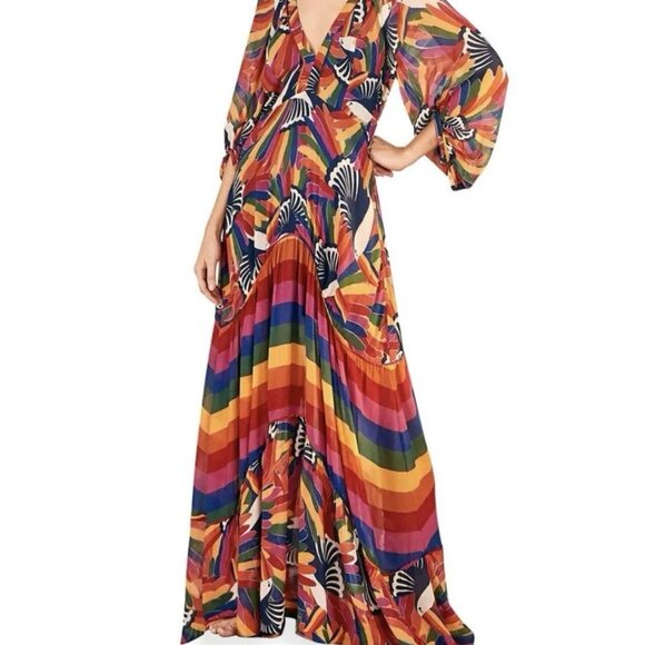 Farm Rio Dress Rainbow Toucan Maxi Puff-Sleeves Abstract-Print Womens Size S - Picture 2 of 10
